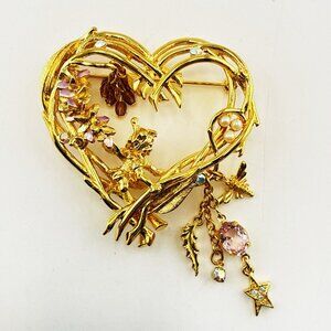 Kirks Folly Brooch Wisteria Heart Wood Fairy Vine Pin Pixie Gold Tone Pearl Star